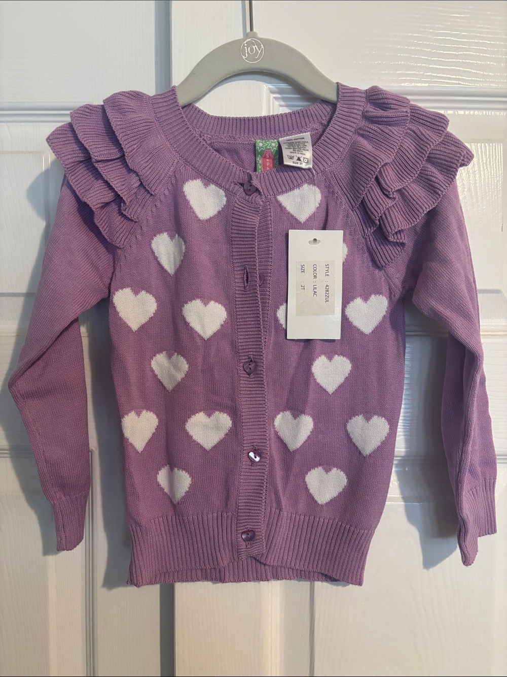 Girls' Lavender Heart-Print Ruffle Shoulder Cardigan